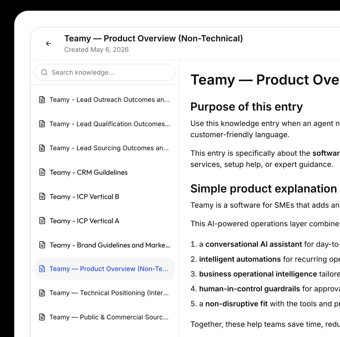 Teamy knowledge base and business context